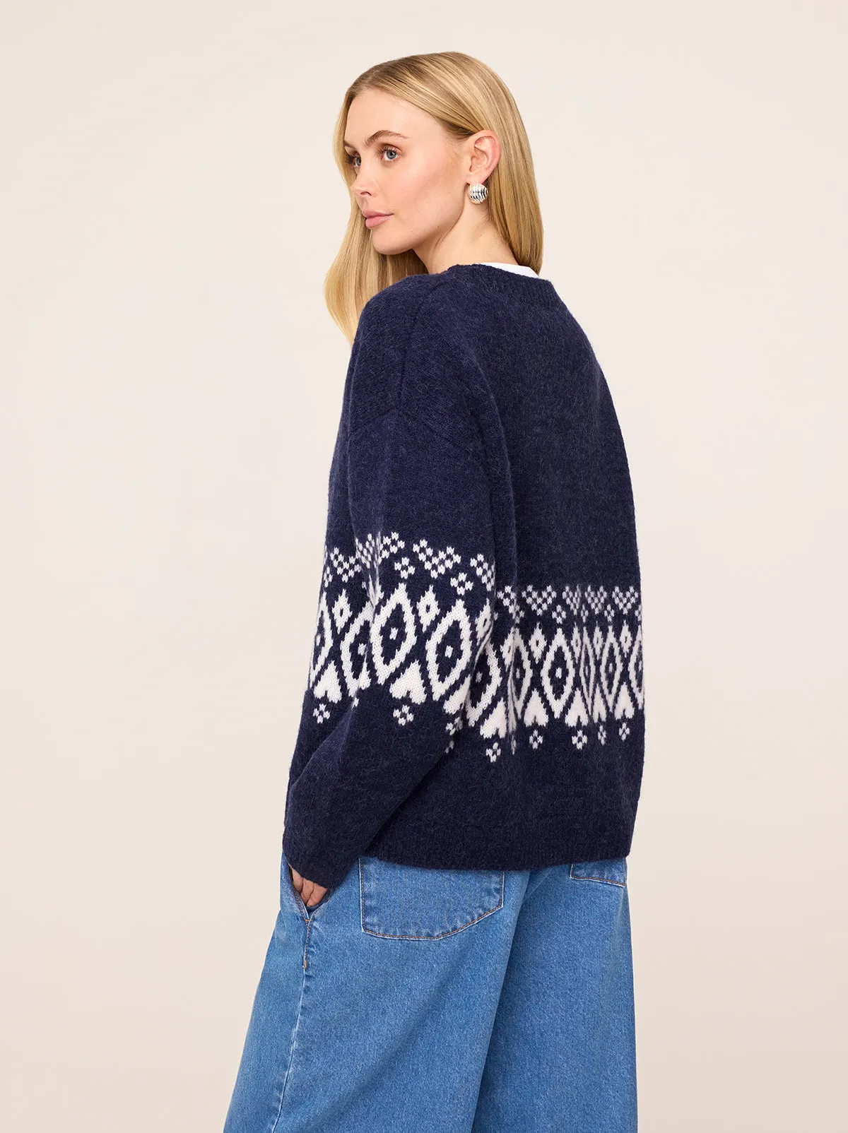 Felicia Navy Fairisle V-Neck Knit Cardigan sold by KITRI Studio product image thumbnail 4