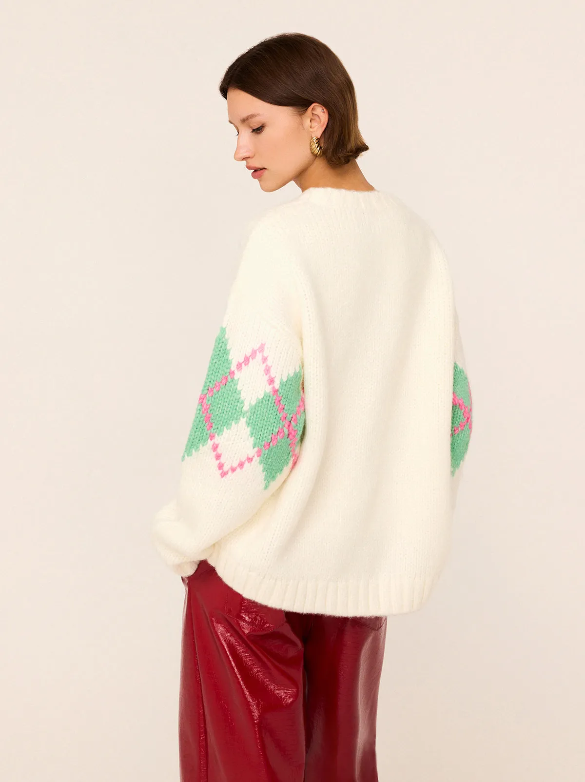 Felicia Ivory Argyle V-Neck Knit Cardigan sold by KITRI Studio product image thumbnail 5