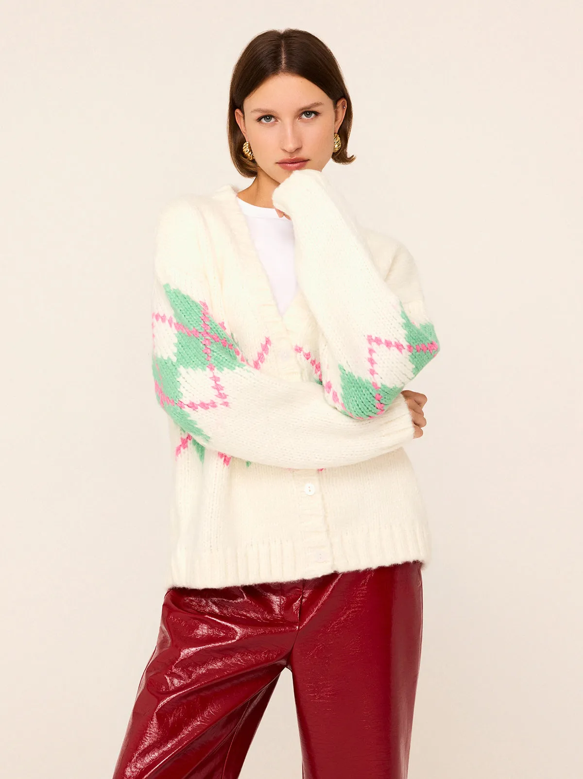 Felicia Ivory Argyle V-Neck Knit Cardigan sold by KITRI Studio product image thumbnail 3