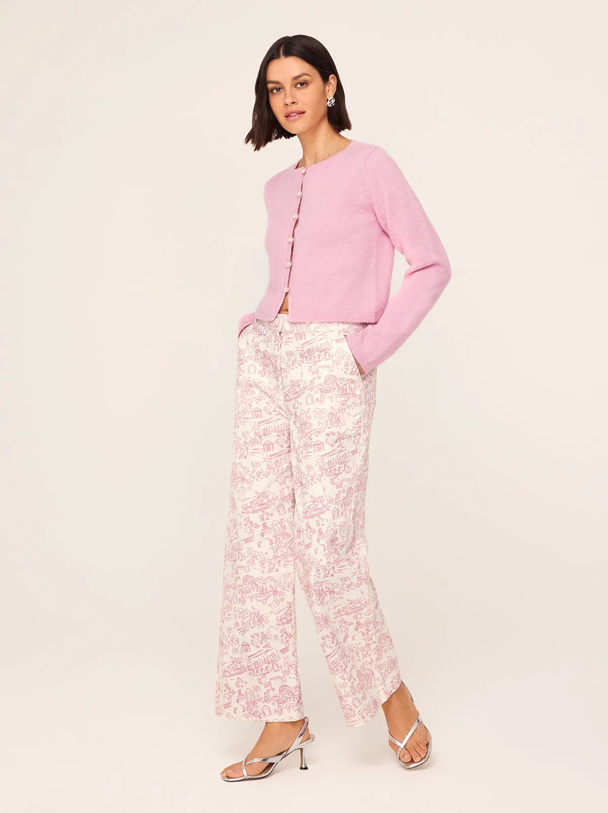 Remi Pink Theatre Print Denim Trousers sold by KITRI Studio