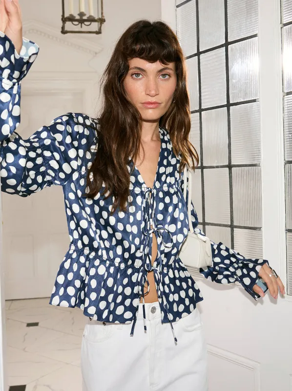 Maia Navy Polka Dot Satin Top sold by KITRI Studio