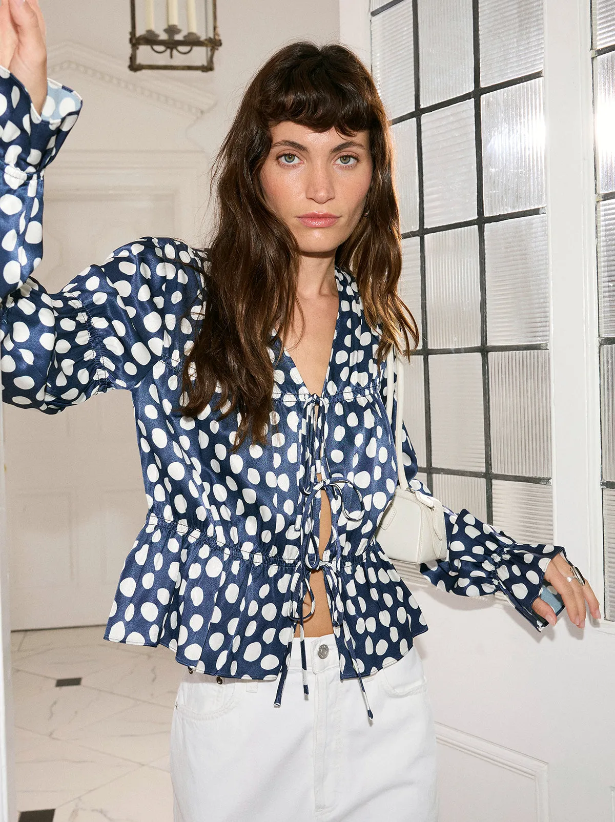 Maia Navy Polka Dot Satin Top sold by KITRI Studio