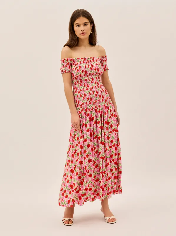 Alma Pink Floral Shirred Maxi Dress sold by KITRI Studio