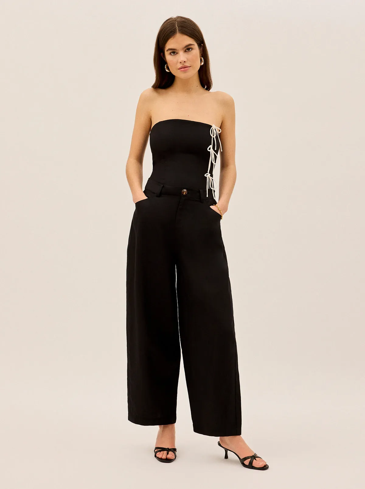 Andie Black Linen Blend Barrel Trousers sold by KITRI Studio