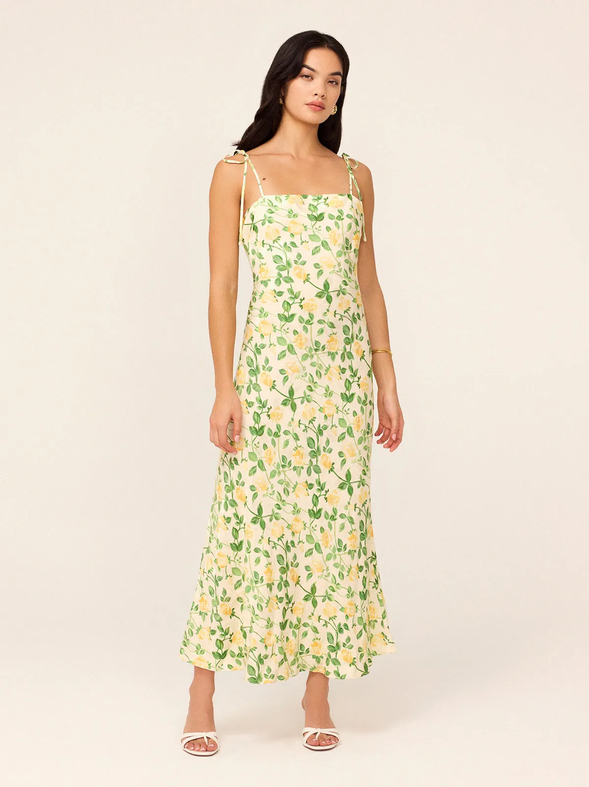 Giulia Yellow Rose Printed Jacquard Tie Shoulder Maxi Dress sold by KITRI Studio product image thumbnail 4