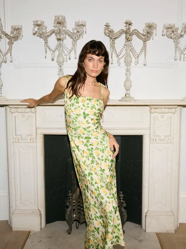 Giulia Yellow Rose Printed Jacquard Tie Shoulder Maxi Dress sold by KITRI Studio