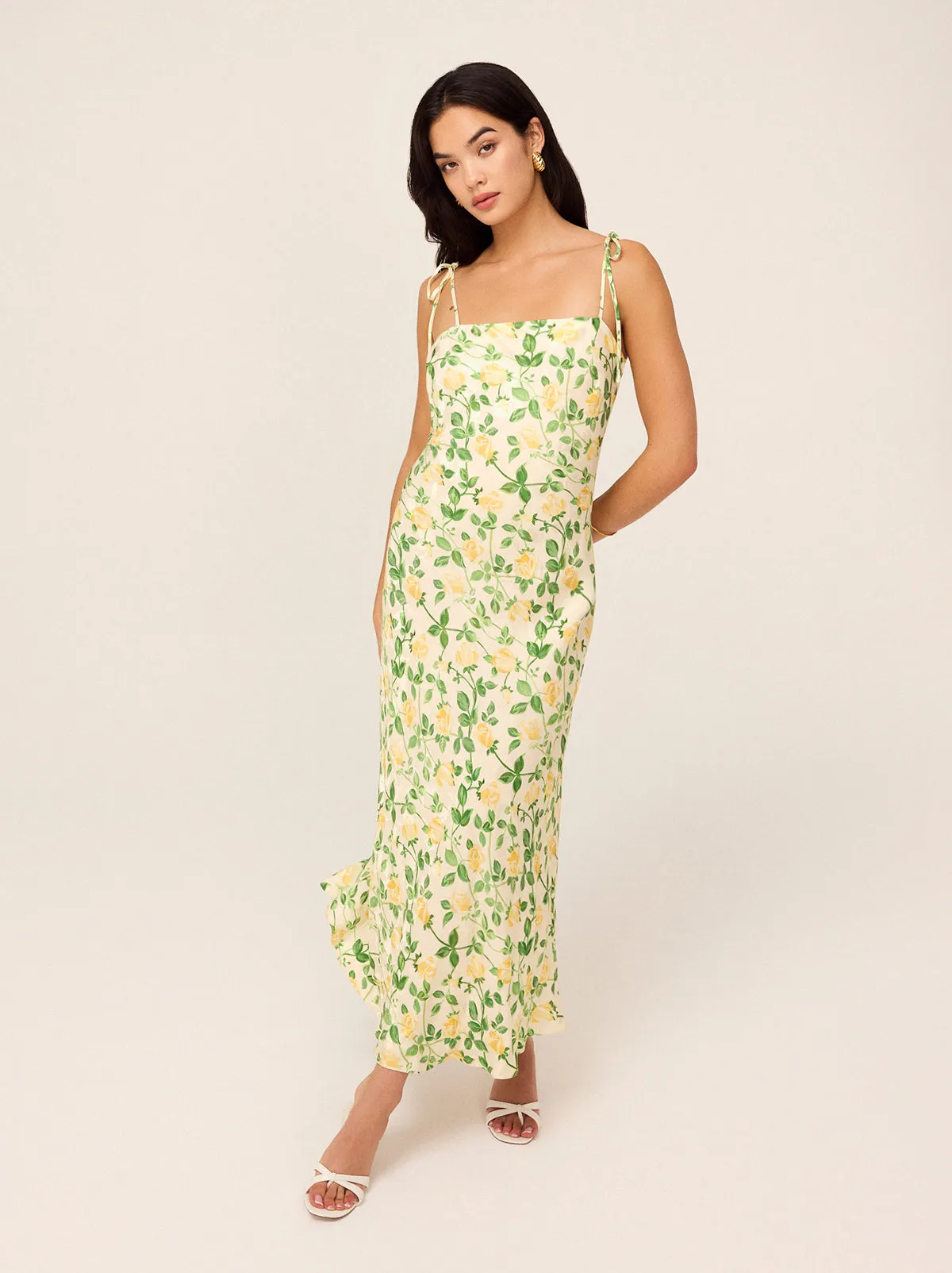 Giulia Yellow Rose Printed Jacquard Tie Shoulder Maxi Dress sold by KITRI Studio product image thumbnail 2