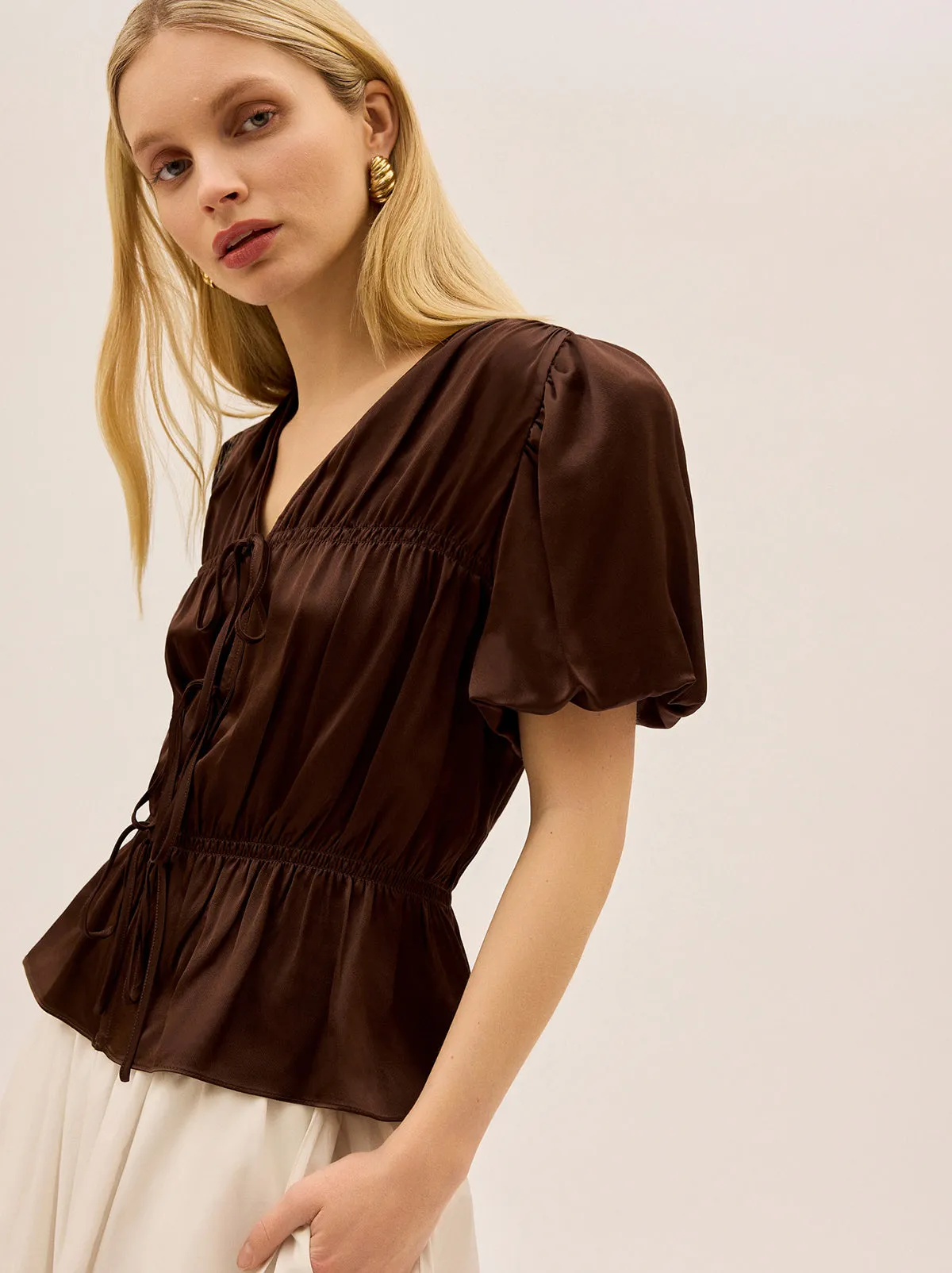 Emma Chocolate Satin Top sold by KITRI Studio