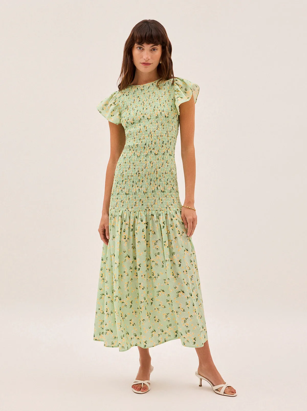 Jemima Green Cherry Print Shirred Maxi Dress sold by KITRI Studio