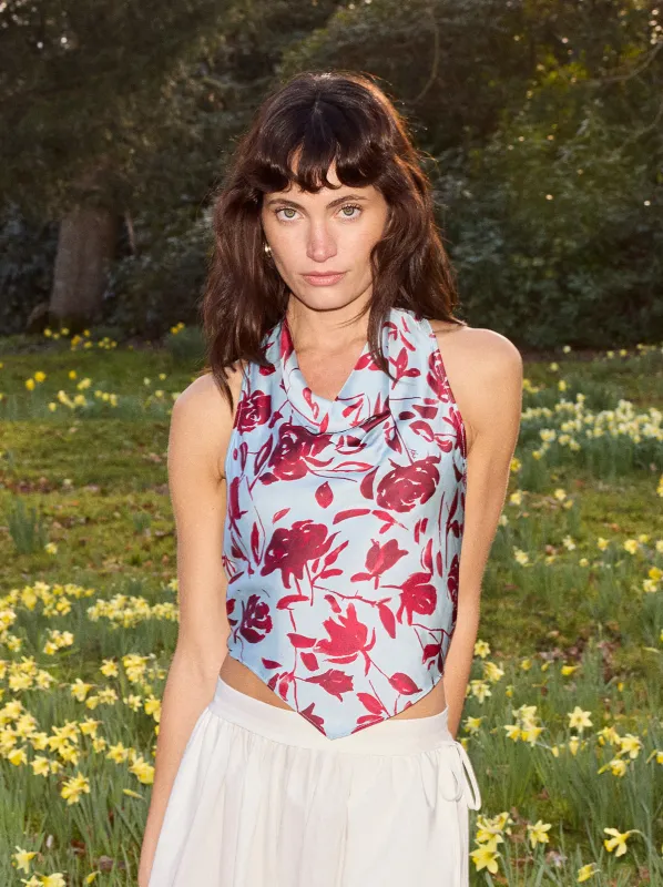 Lucille Blue Rose Print Halter Top sold by KITRI Studio