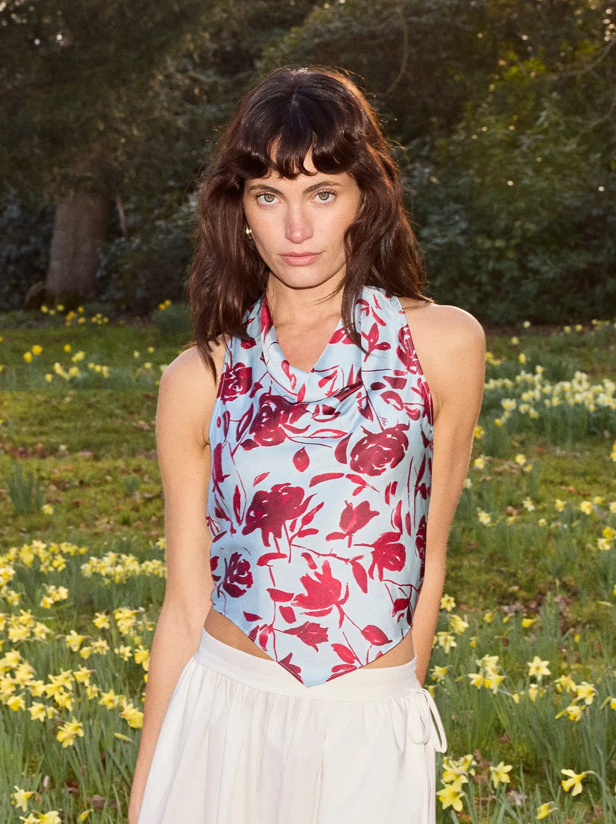 Lucille Blue Rose Print Halter Top sold by KITRI Studio