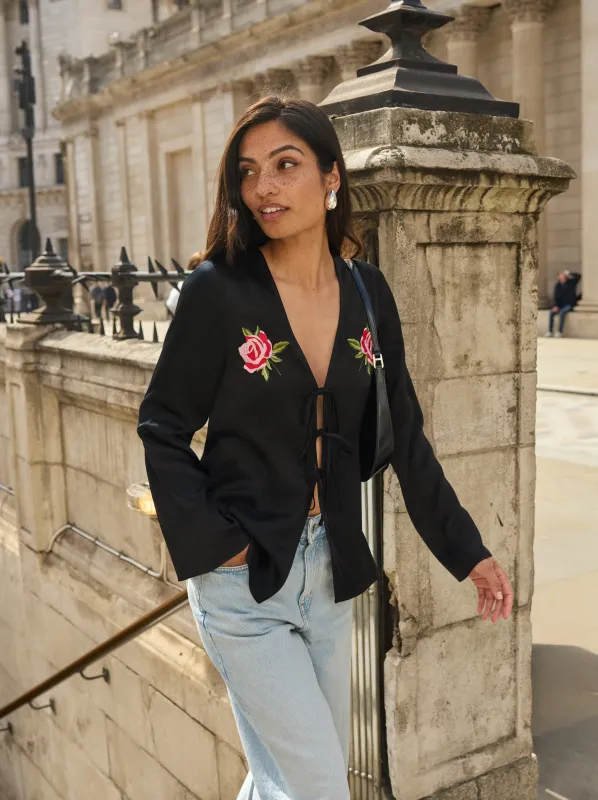 Brooke Embroidered Black Satin Top sold by KITRI Studio