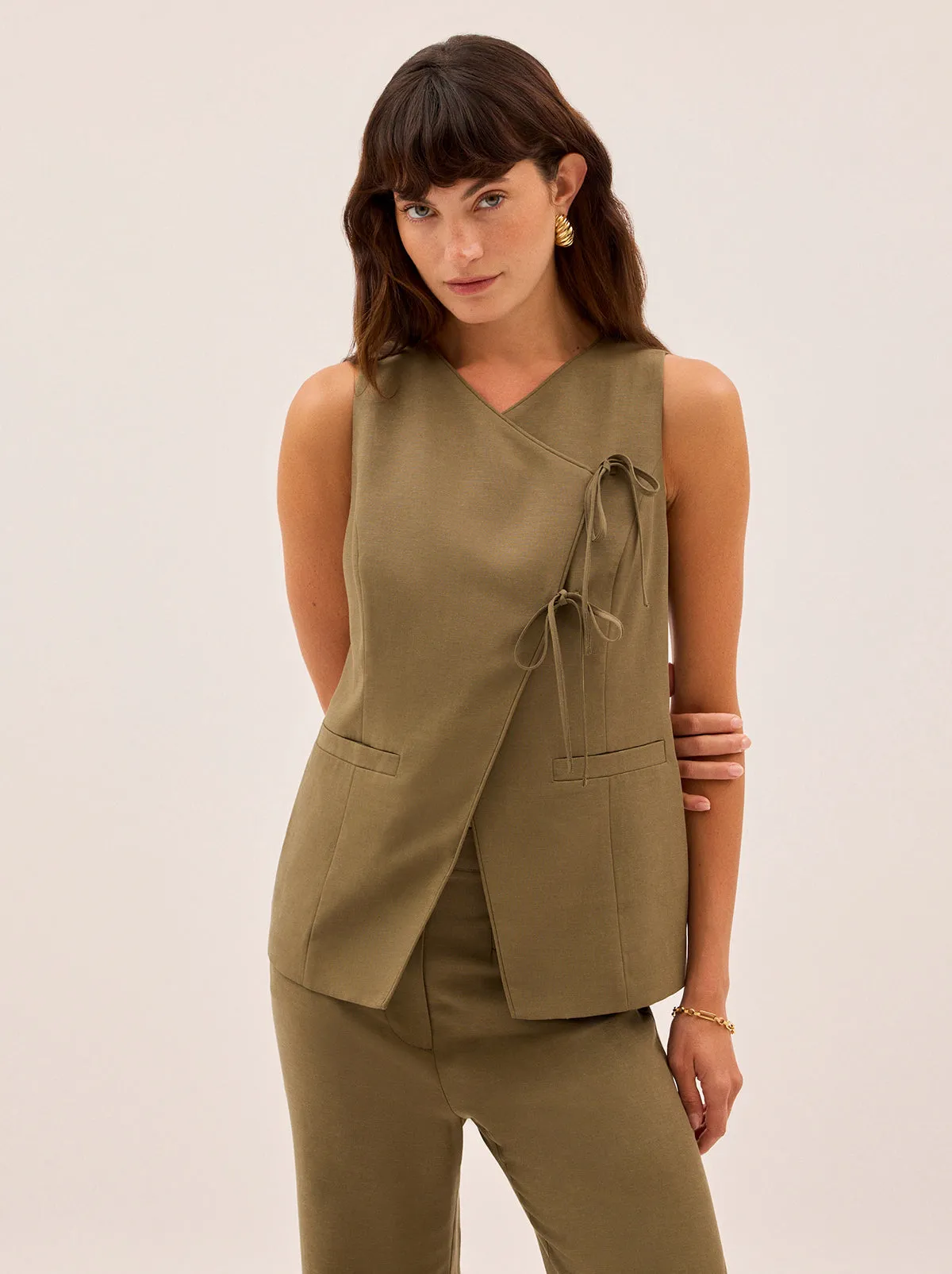 Lea Khaki Tie Front Waistcoat sold by KITRI Studio