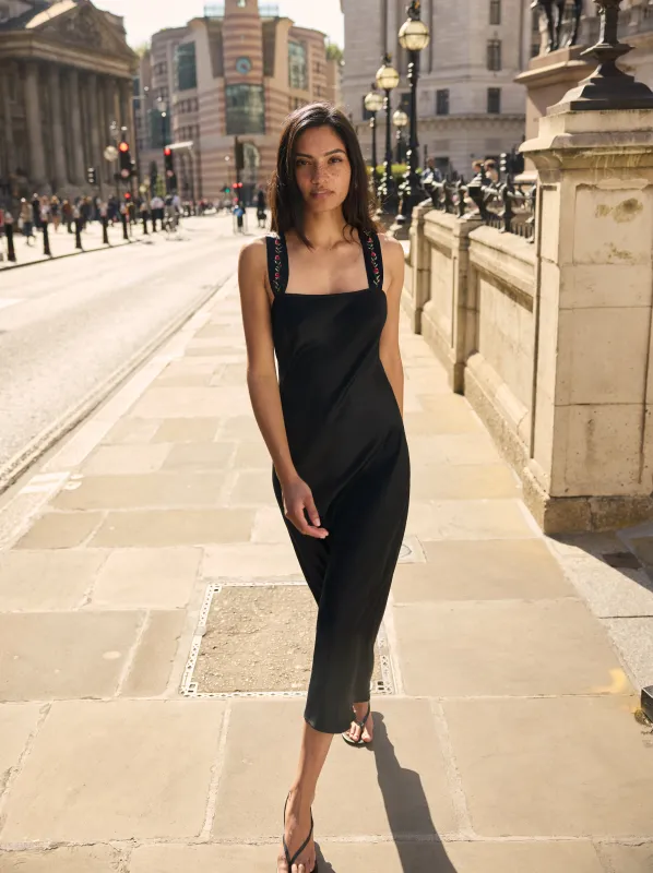 Tabitha Embroidered Black Satin Dress sold by KITRI Studio