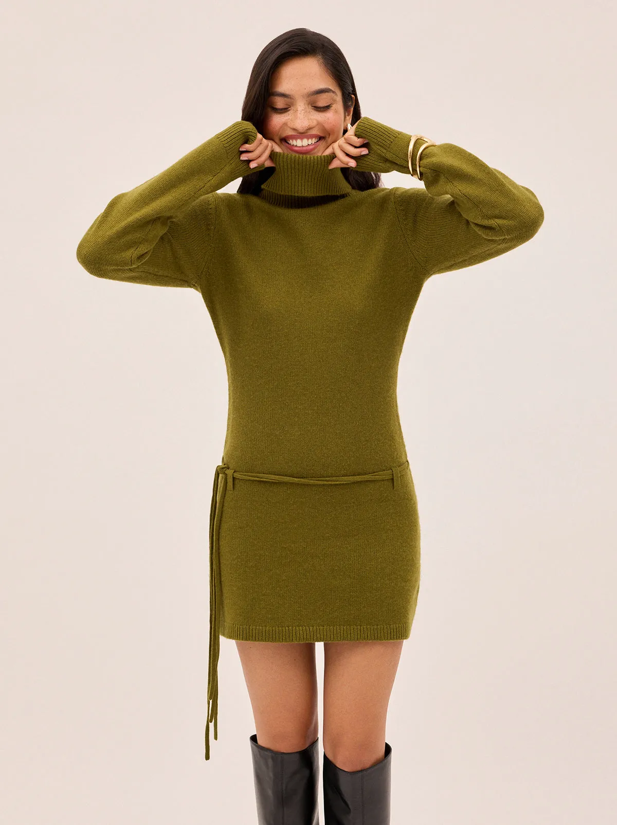 Juno Olive Wool-Blend Roll Neck Mini Dress sold by KITRI Studio product image thumbnail 3