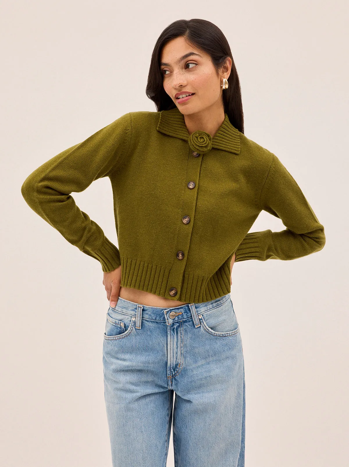 Romy Olive Wool-Blend Collared Cardigan sold by KITRI Studio