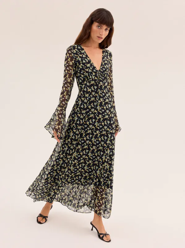 Dahlia Black Cherry Print Maxi Dress sold by KITRI Studio