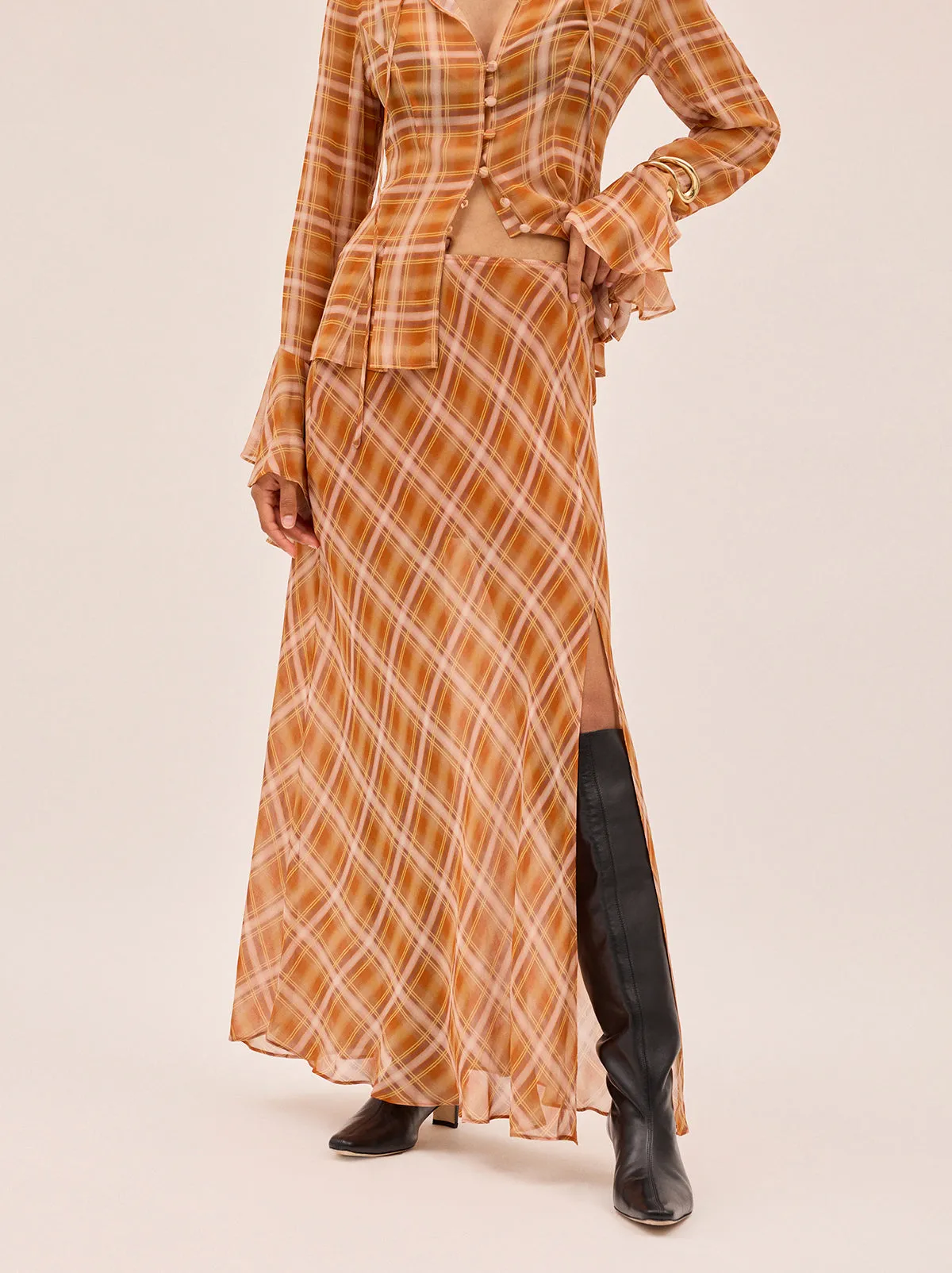 Zoe Apricot Check Print Skirt sold by KITRI Studio