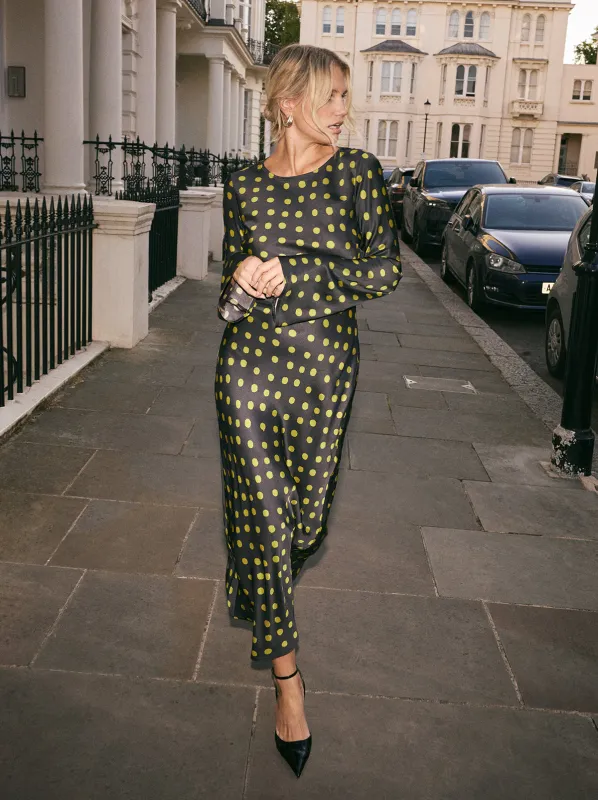 Keira Black Polka Dot Satin Dress sold by KITRI Studio