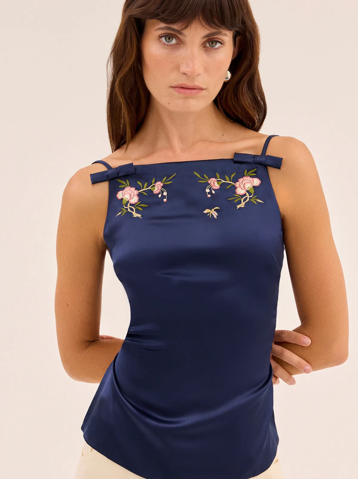 Josie Navy Satin Embroidered Top sold by KITRI Studio product image thumbnail 2