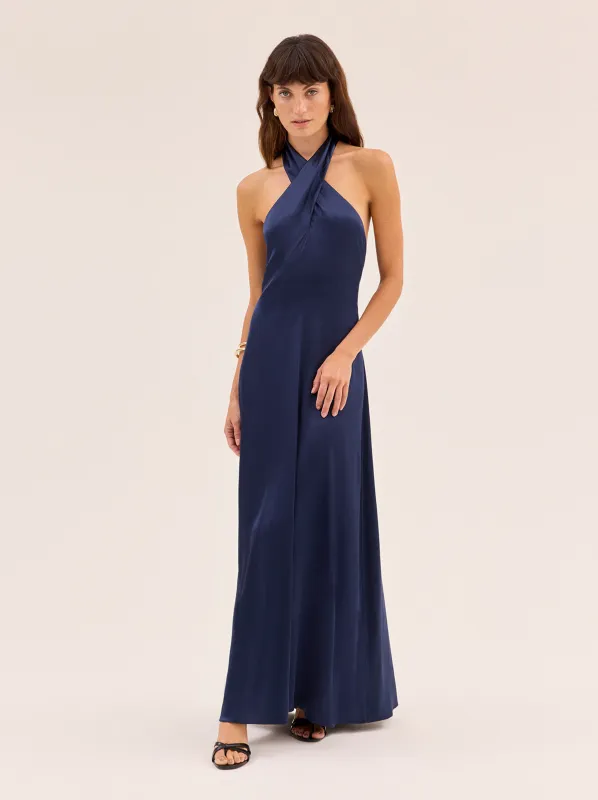 Neve Navy Satin Halterneck Dress made by KITRI Studio