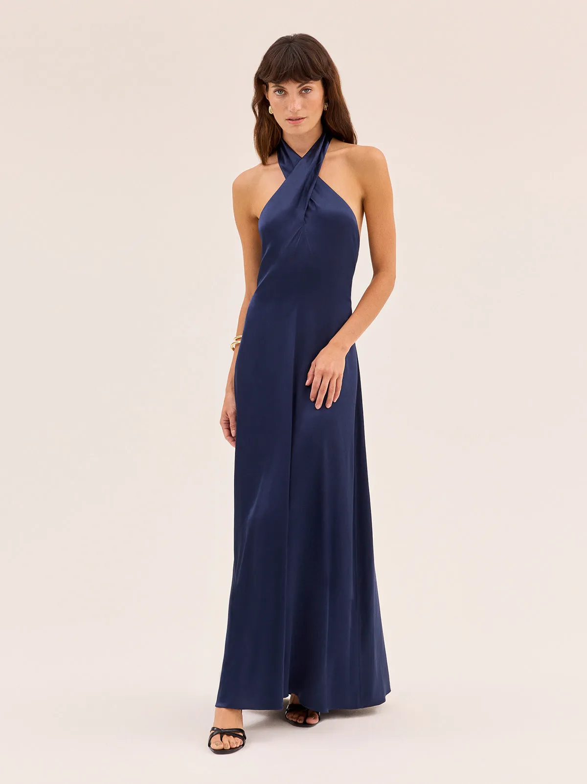 Neve Navy Satin Halterneck Dress sold by KITRI Studio