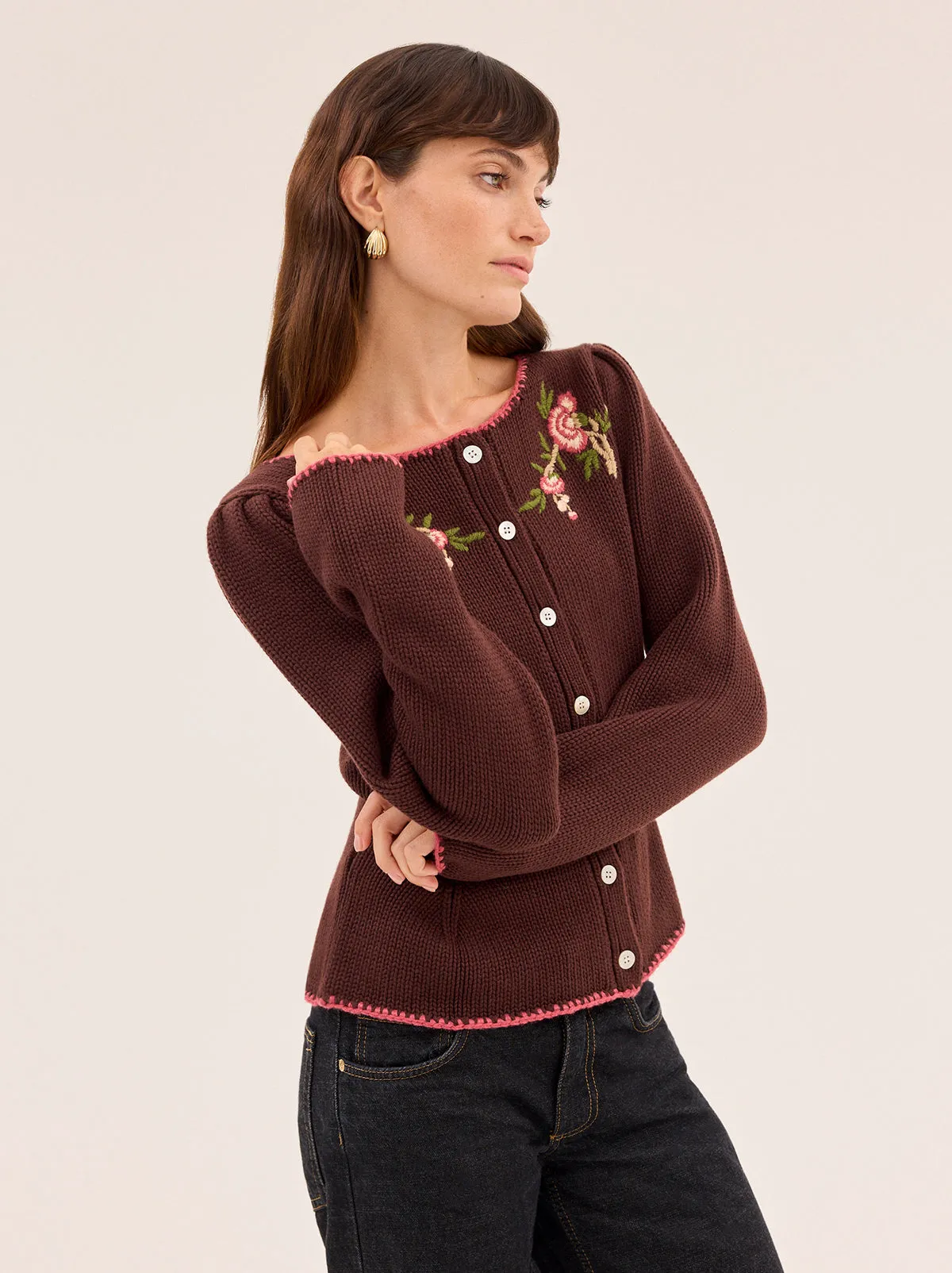 Leonie Chocolate Embroidered Knit Cardigan sold by KITRI Studio product image thumbnail 2