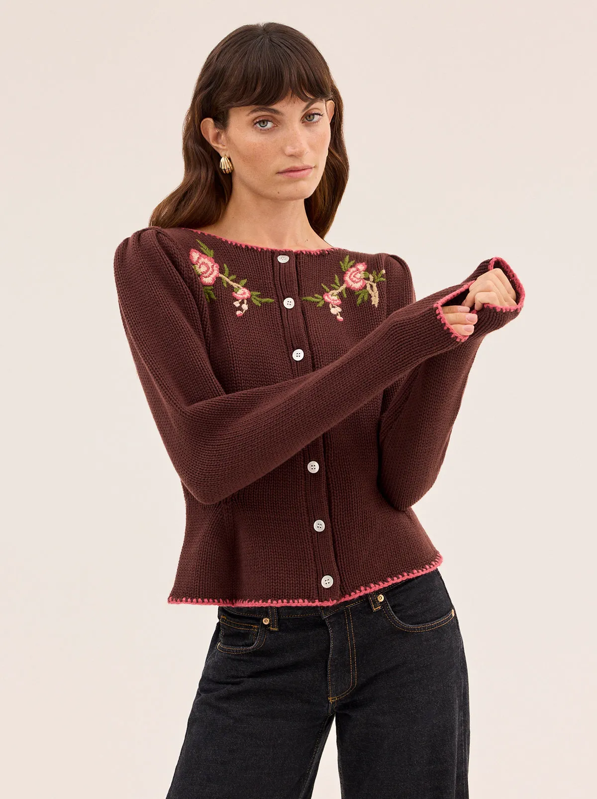 Leonie Chocolate Embroidered Knit Cardigan sold by KITRI Studio