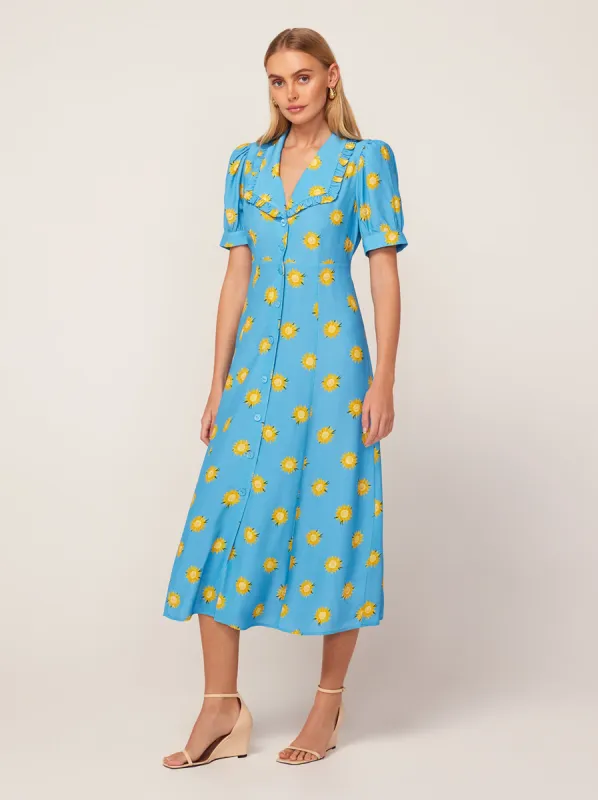 Bethany Blue Sunflower Print Tea Dress sold by KITRI Studio