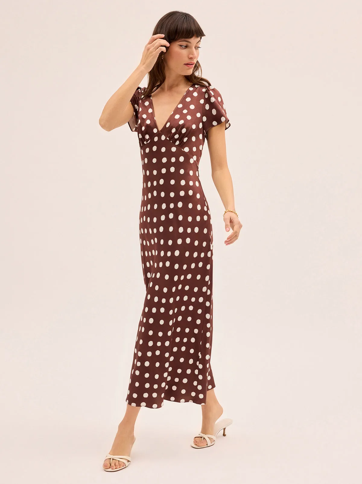 Talia Chocolate Blurred Polka Dot Print Dress sold by KITRI Studio