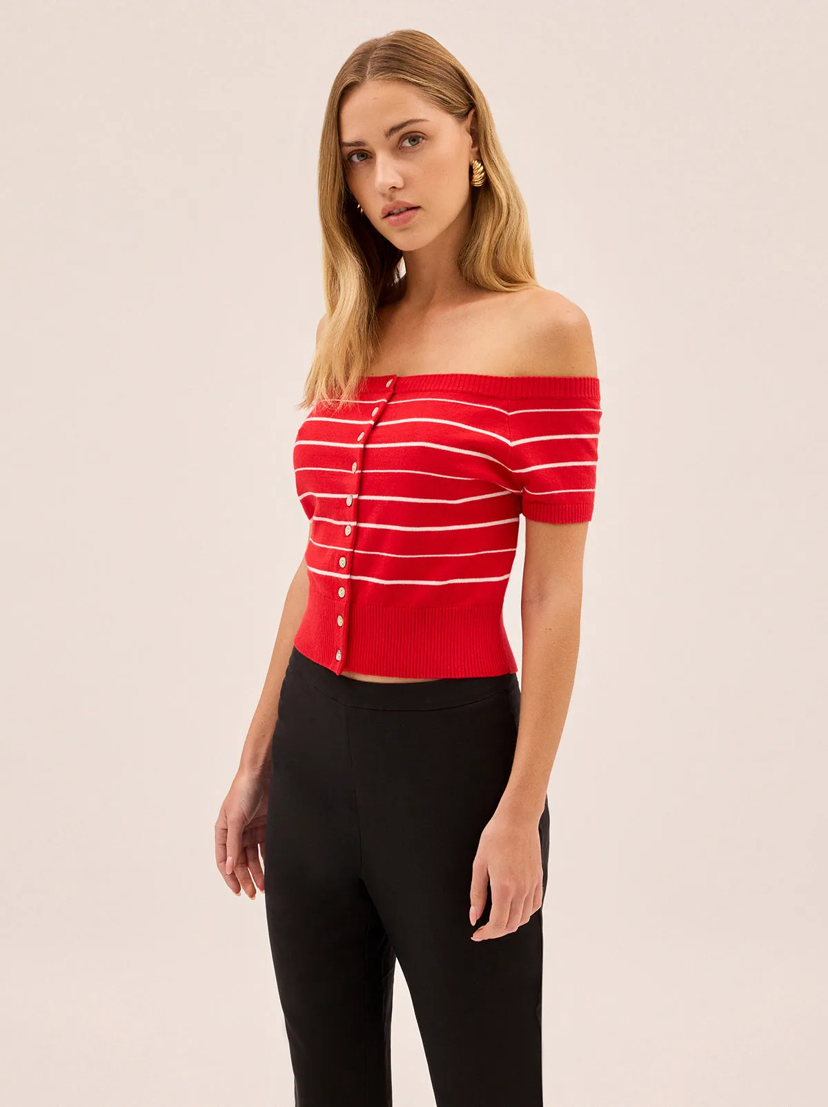 Lyla Red Stripe Bardot Knit Top sold by KITRI Studio product image thumbnail 4