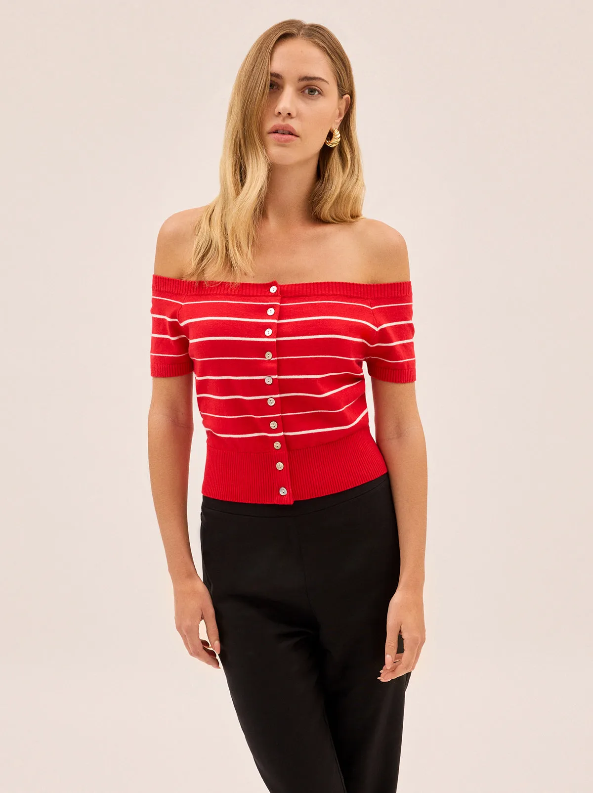 Lyla Red Stripe Bardot Knit Top sold by KITRI Studio