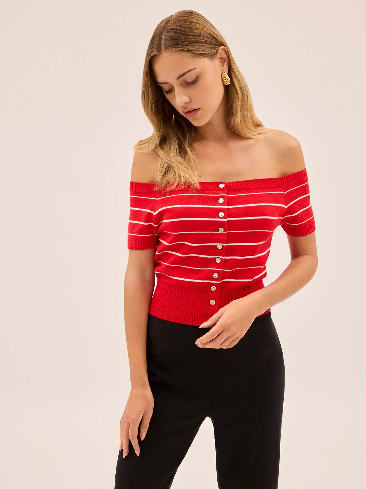 Lyla Red Stripe Bardot Knit Top sold by KITRI Studio product image thumbnail 3