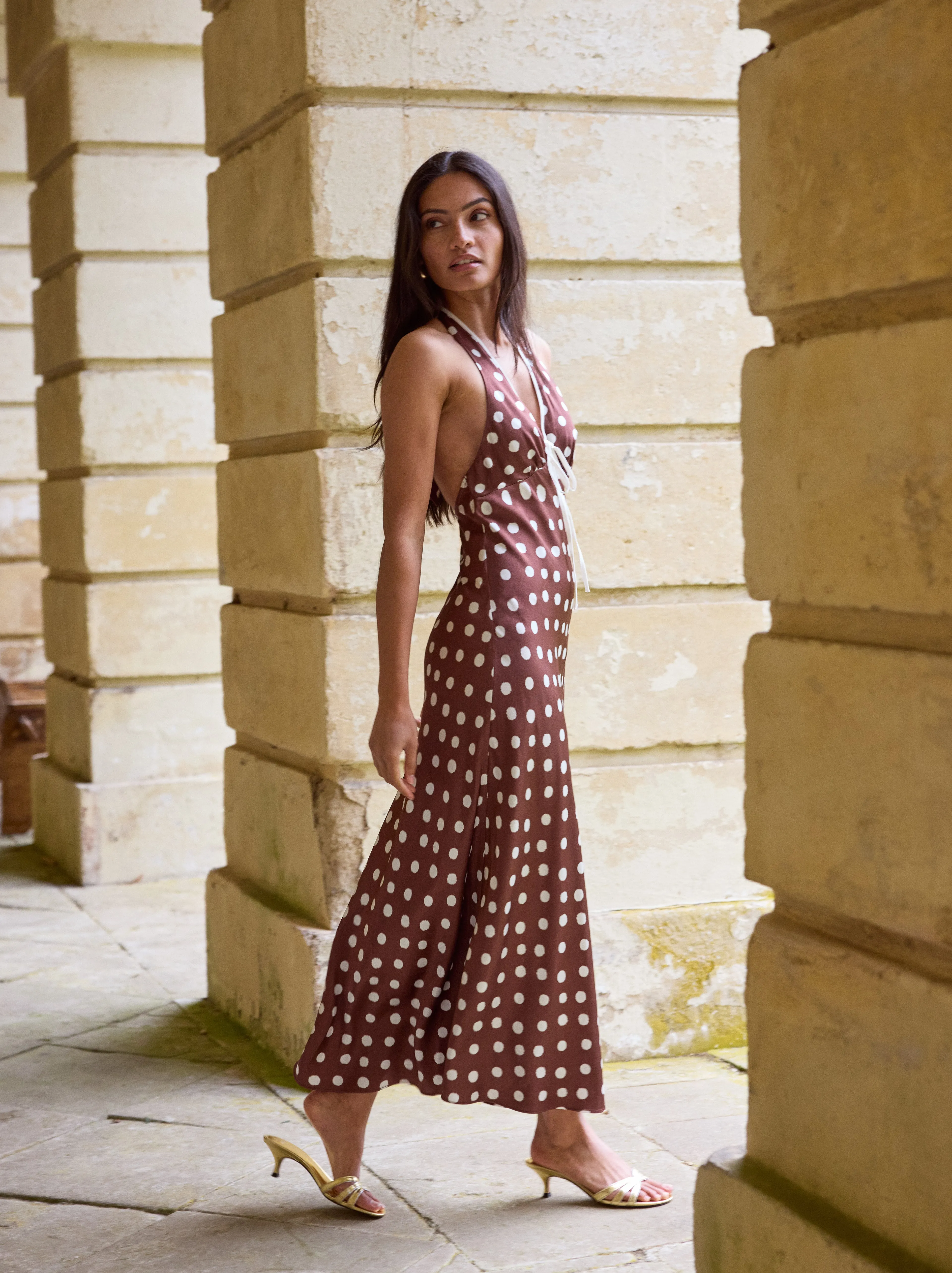 Amalia Chocolate Blurred Polka Dot Print Halter Dress sold by KITRI Studio product image thumbnail 3