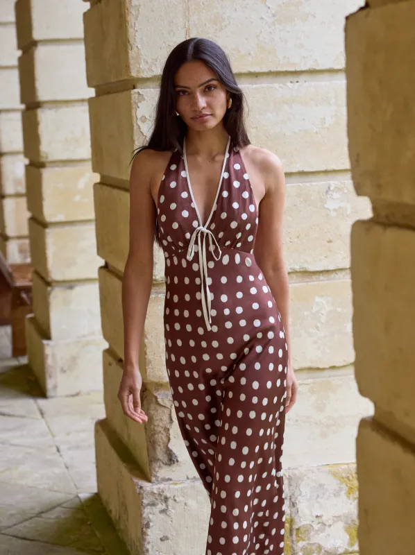 Amalia Chocolate Blurred Polka Dot Print Halter Dress sold by KITRI Studio