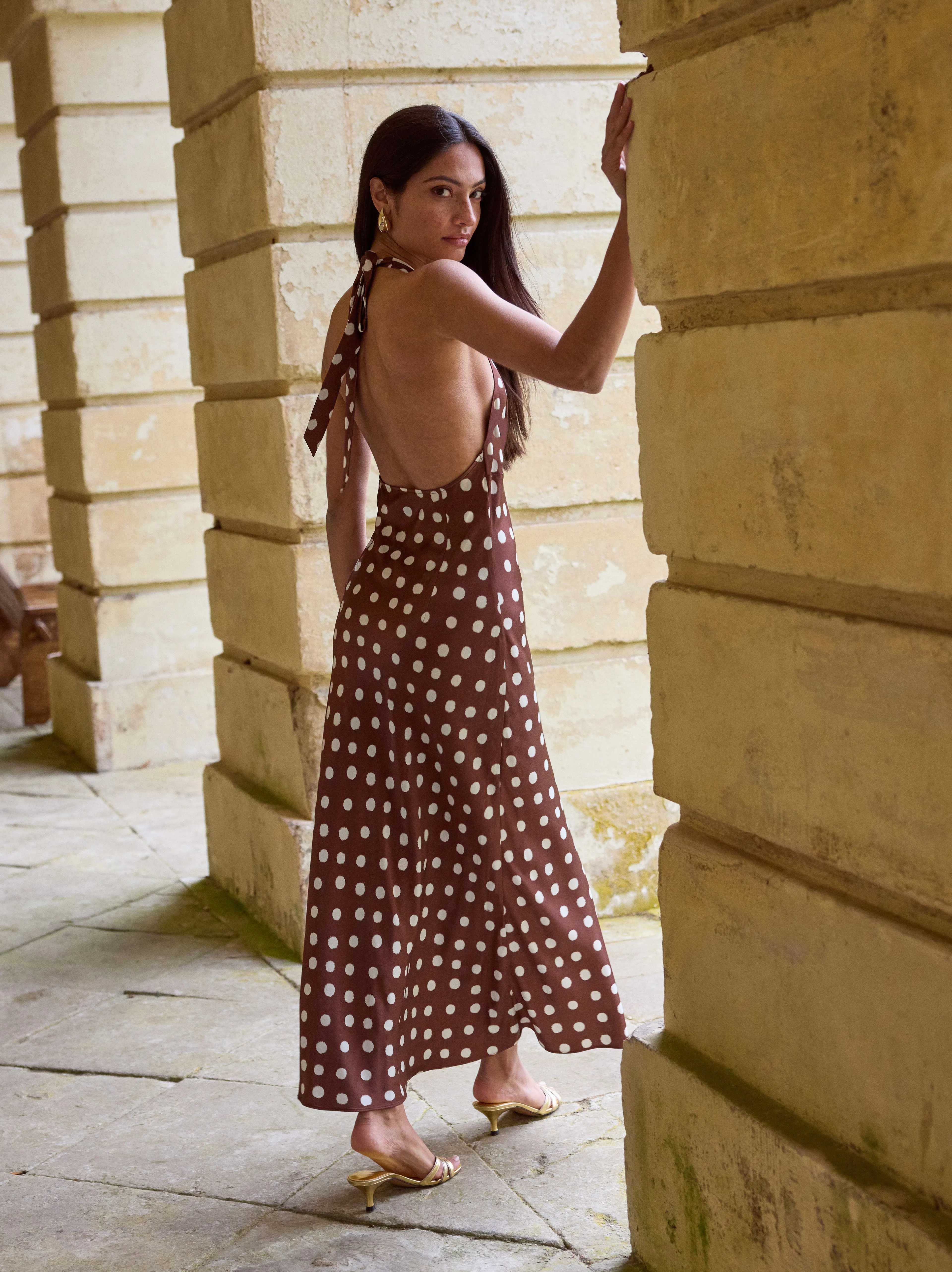 Amalia Chocolate Blurred Polka Dot Print Halter Dress sold by KITRI Studio product image thumbnail 5