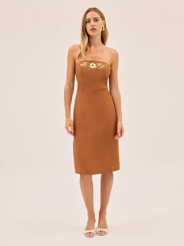 Cara Pecan Embroidered Strapless Dress made by KITRI Studio