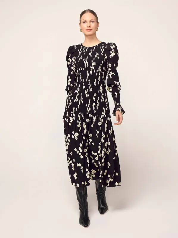 Wren Black Blurred Floral Shirred Midi Dress sold by KITRI Studio