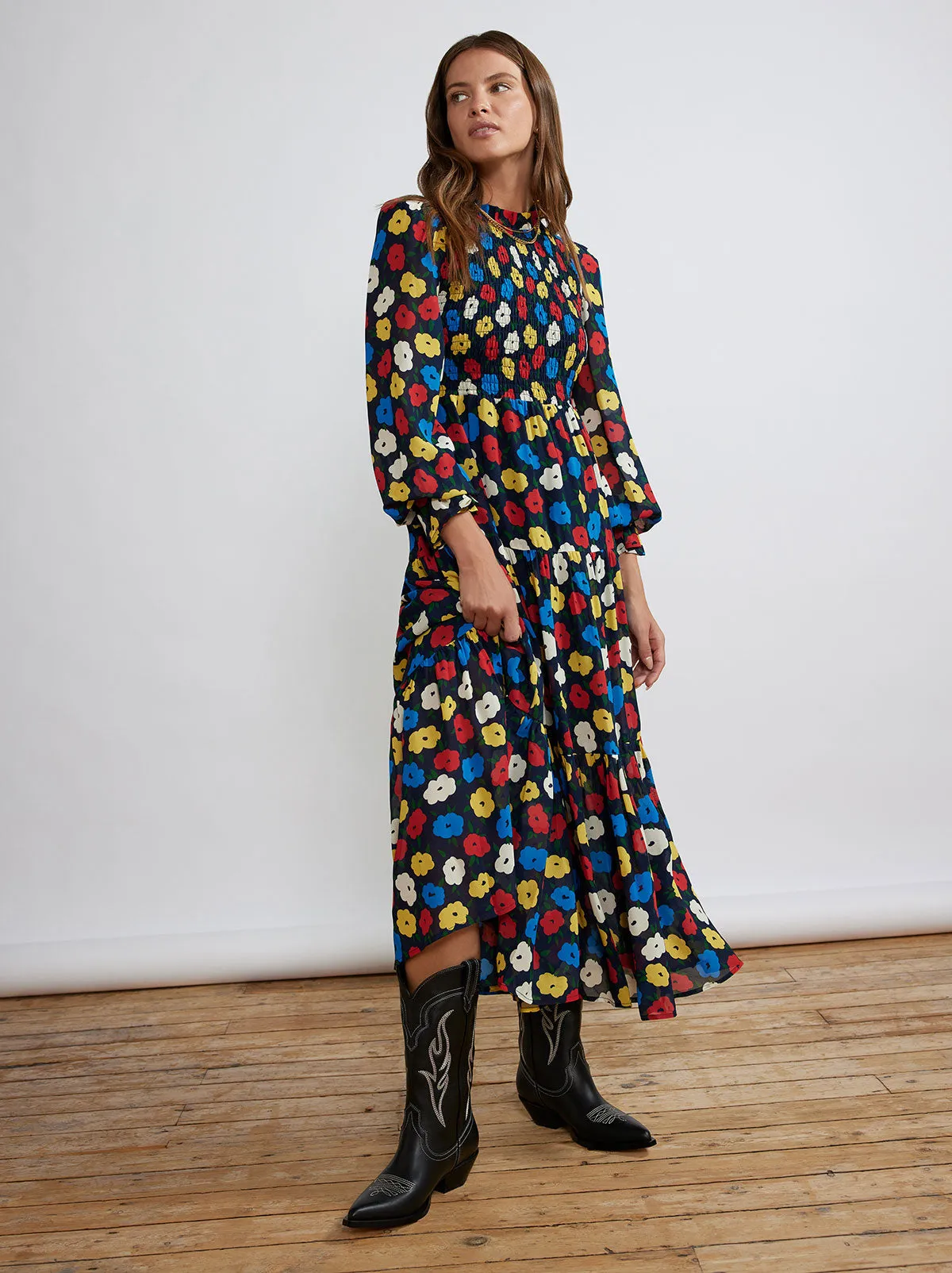 Betsy Navy Floral Shirred Maxi Dress sold by KITRI Studio