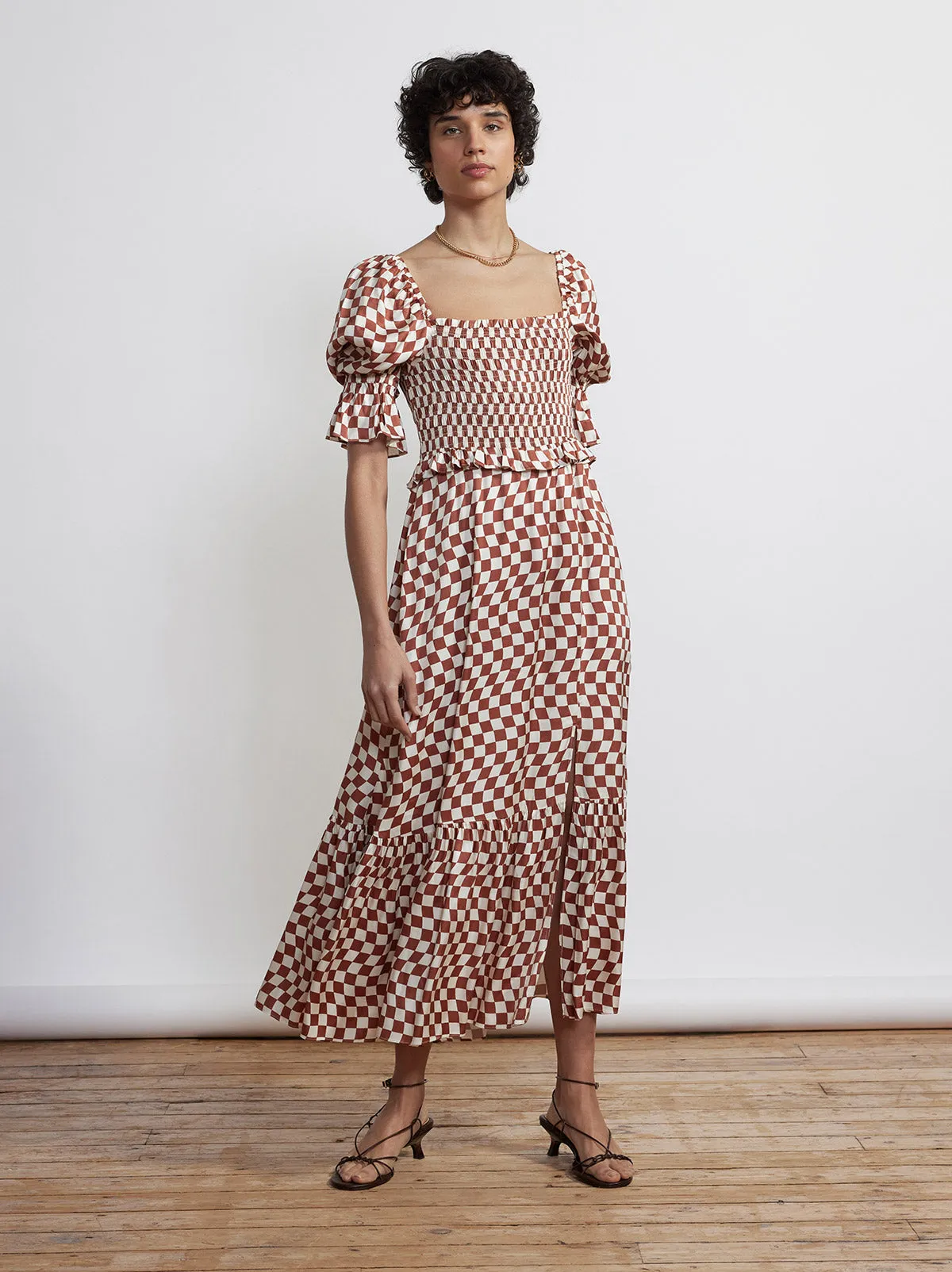 Barbara Brown Wavy Checker Shirred Dress sold by KITRI Studio