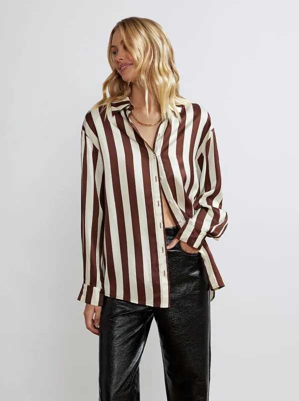 Angela Chocolate Striped Satin Shirt made by KITRI Studio