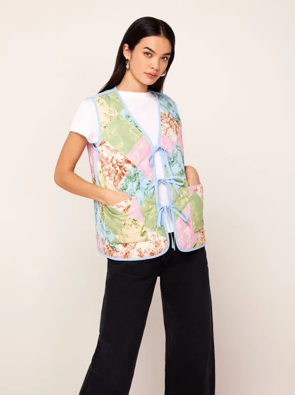 Gladys Patched Toile De Jouy Reversible Quilted Gilet sold by KITRI Studio