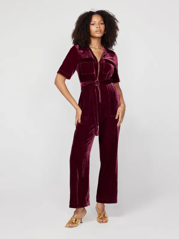 Serena Burgundy Velvet Jumpsuit sold by KITRI Studio