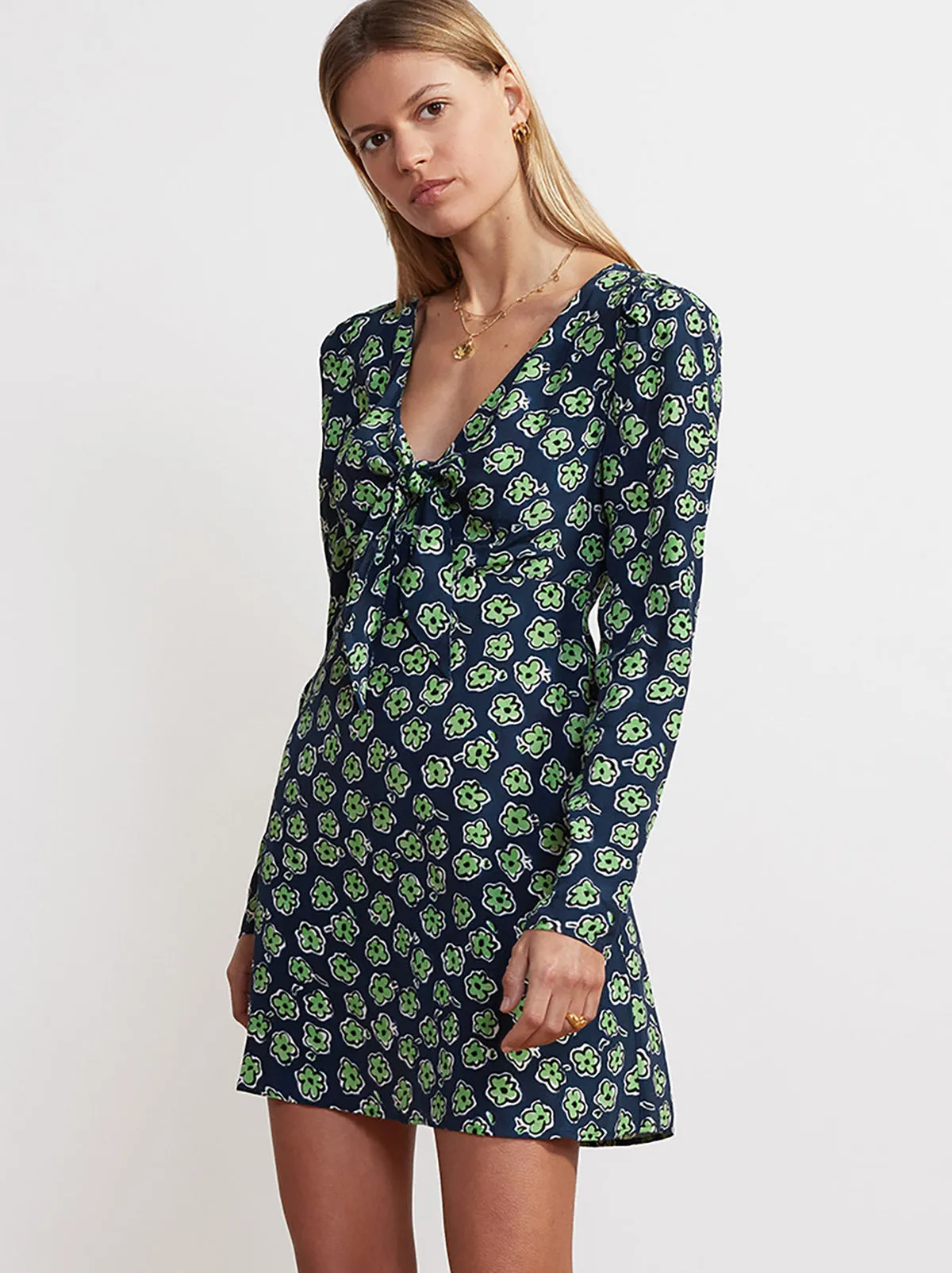 Amalie Blue Painted Floral Tie Front Mini Dress sold by KITRI Studio