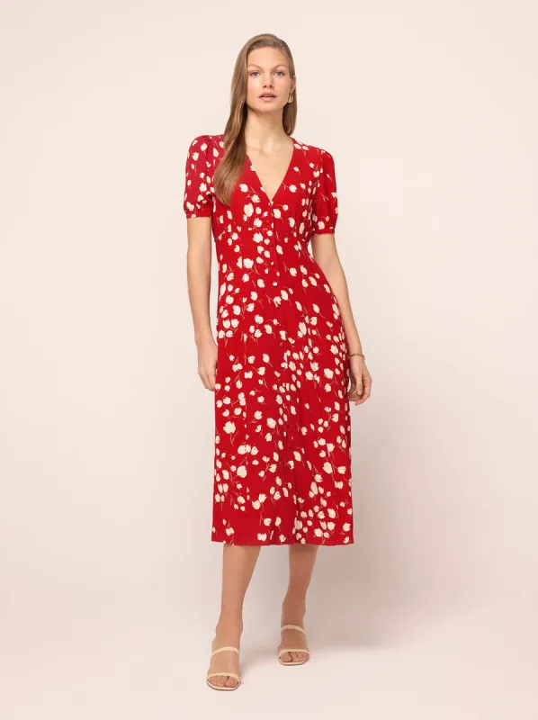Anya Red Scattered Tulip Print Tea Dress sold by KITRI Studio