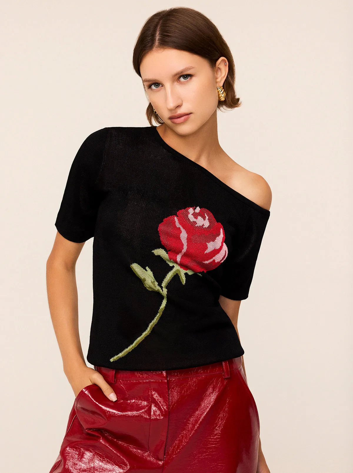 Cate Black Rose Knit Top sold by KITRI Studio
