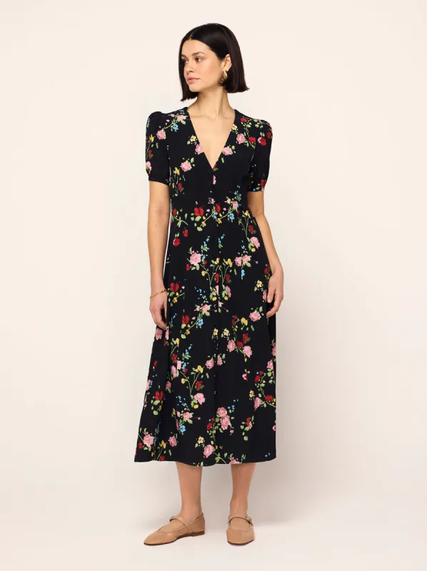 Anya Black Trailing Floral Print Tea Dress sold by KITRI Studio