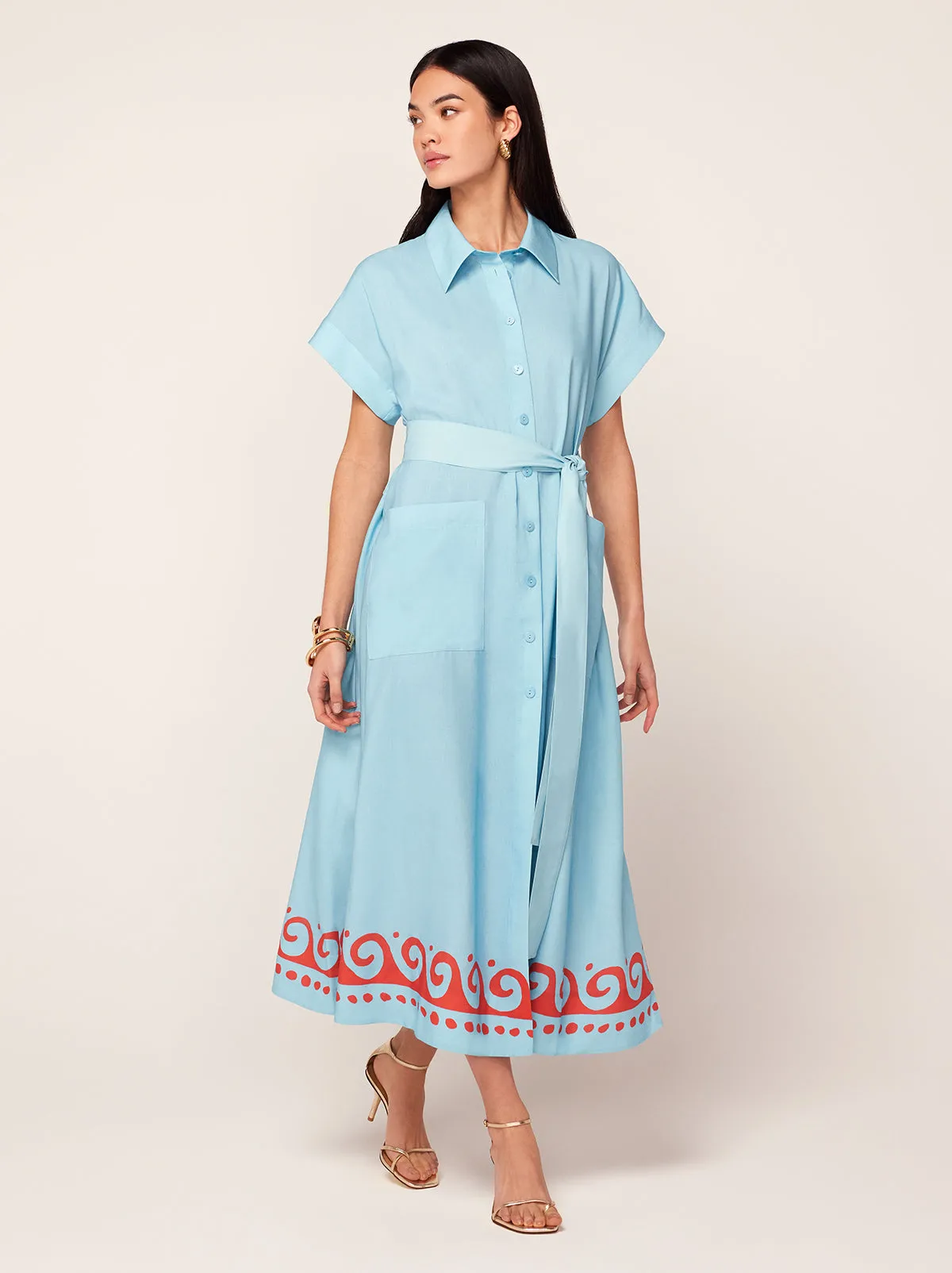 Alessandra Blue Wave Print Midi Shirt Dress sold by KITRI Studio