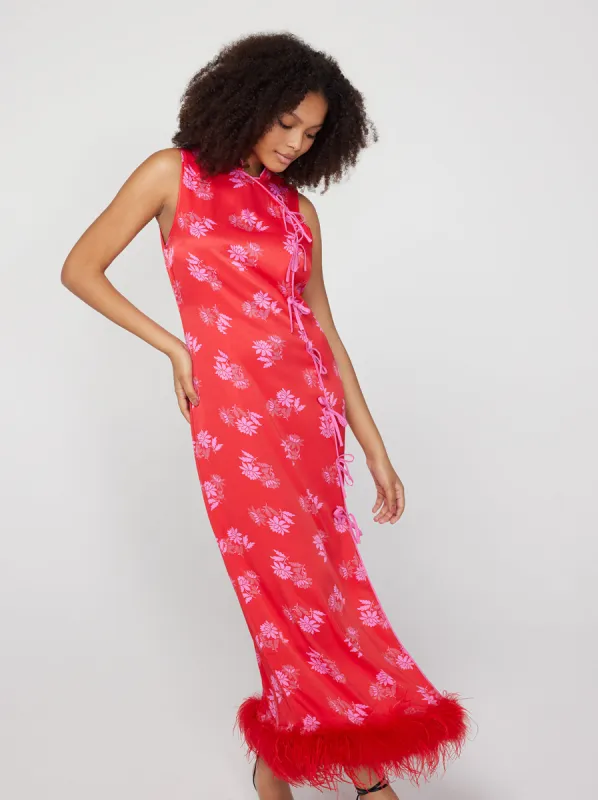 Myla Red Floral Feather Midi Dress made by KITRI Studio