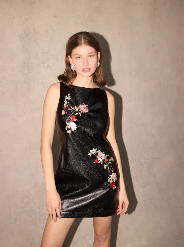 Carolyn Black Embroidered Vinyl Mini Dress made by KITRI Studio